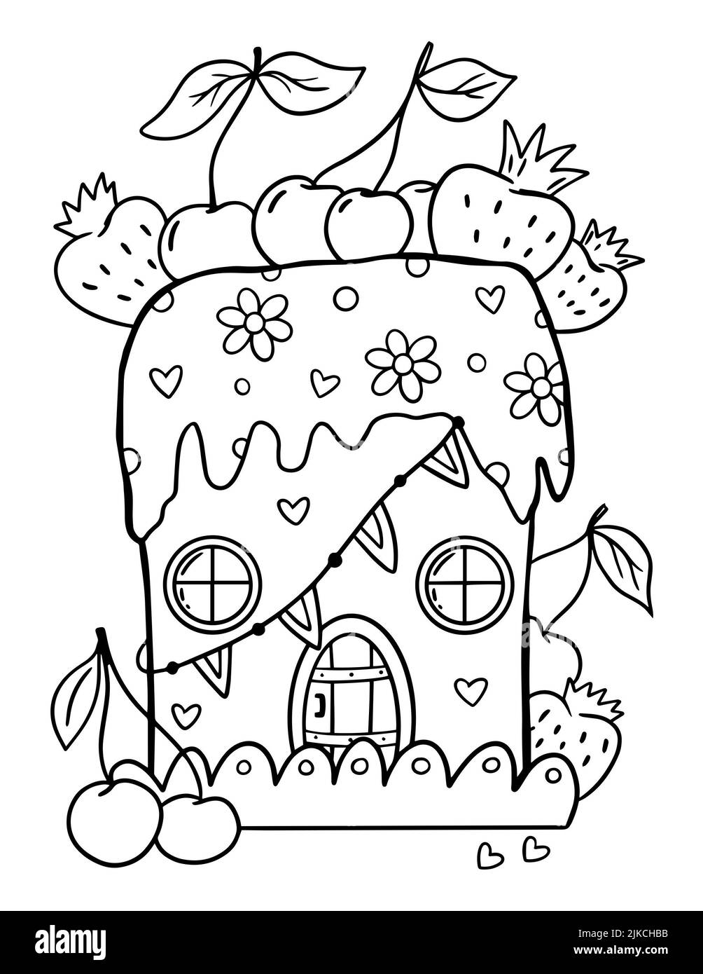 Page de coloriage de maison de dessin animé pour les enfants et les adultes. Schéma de l'illustration d'accueil. Banque D'Images