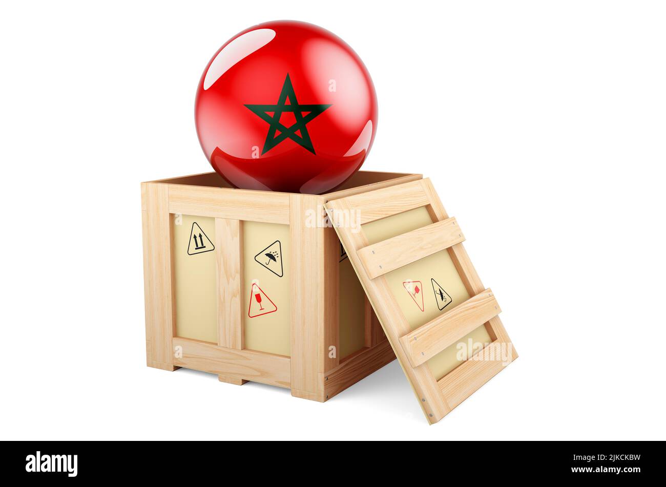 Boîte en bois, colis avec drapeau marocain. Expédition et livraison au Maroc, concept. 3D rendu isolé sur fond blanc Banque D'Images