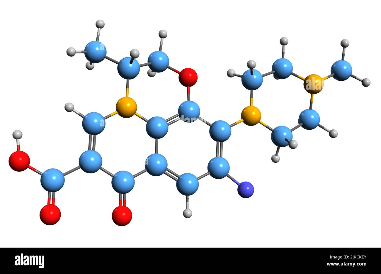 3D image de la formule squelettique d'Ofloxacin - structure chimique moléculaire de l'antibiotique quinolone isolé sur fond blanc Banque D'Images