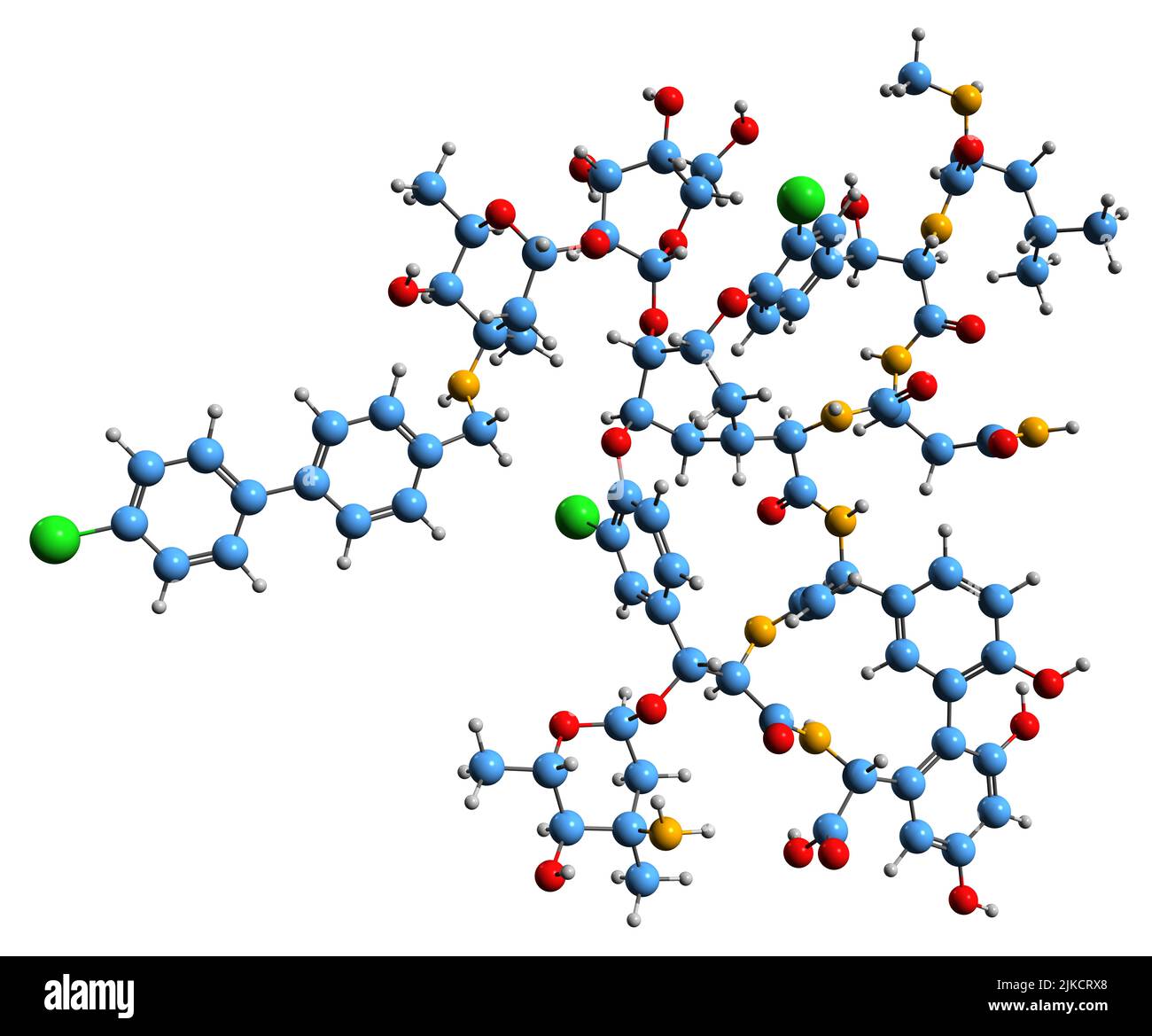 3D image de la formule squelettique de l'oritavancine - structure chimique moléculaire de l'antibiotique glycopeptide semi-synthétique isolé sur fond blanc Banque D'Images