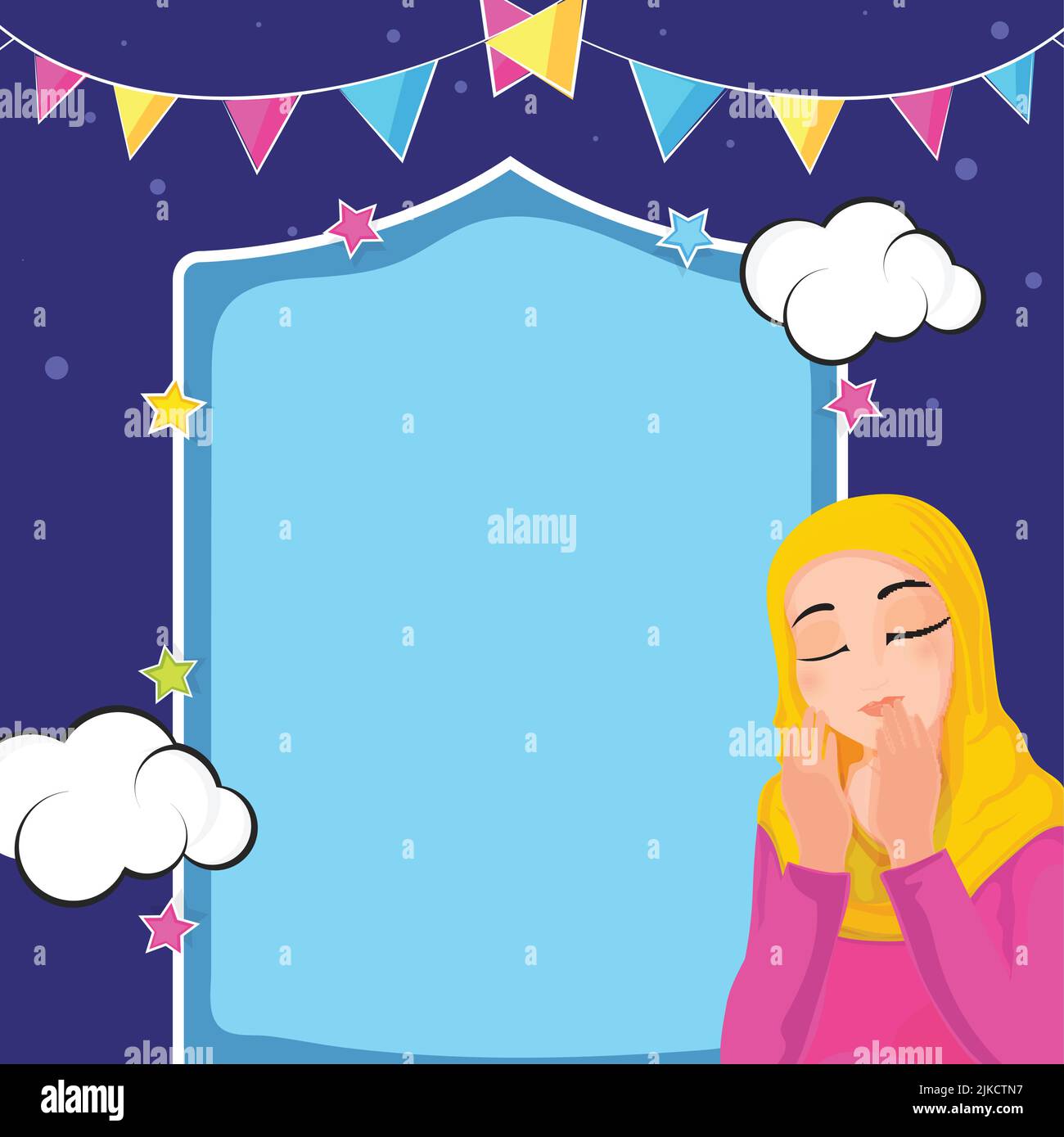 Jeune femme islamique offrant Namaz (prière) et espace de copie sur fond bleu décoré d'étoiles, nuages, drapeaux de Bunting. Illustration de Vecteur