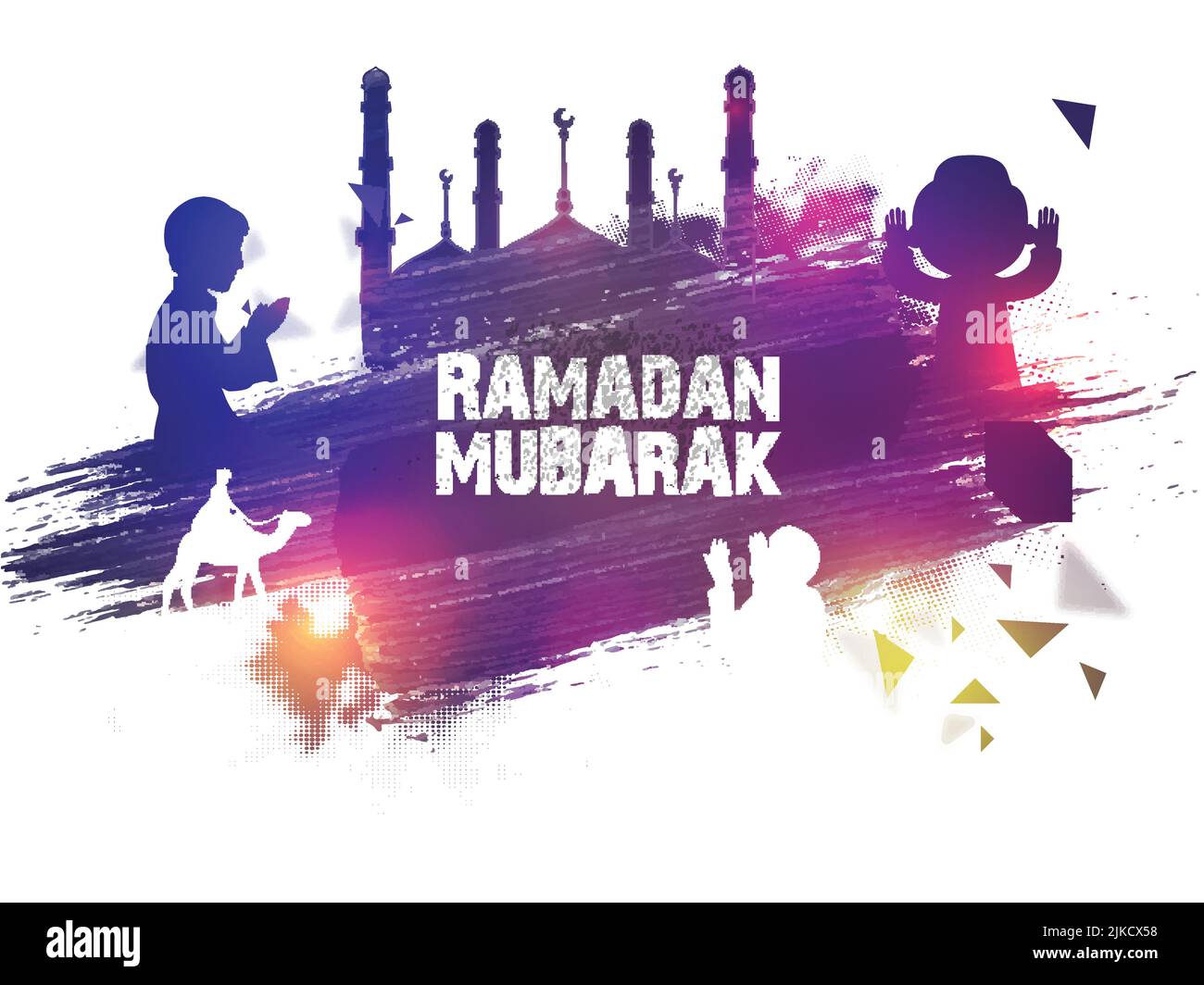 Résumé Brush Stroke Background avec Silhouette les musulmans priant, Camel et mosquée pour le concept de Mubarak de Ramadan. Illustration de Vecteur