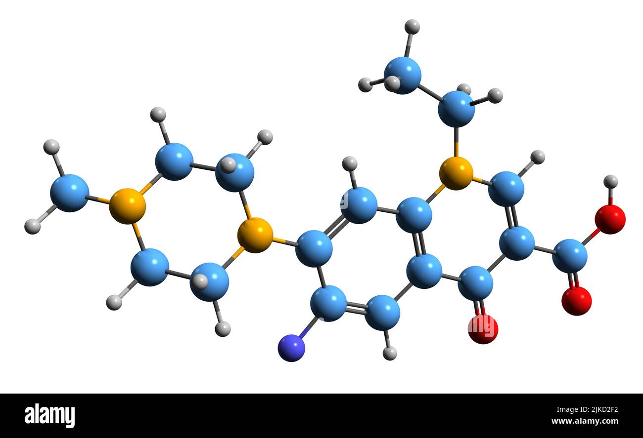 3D image de la formule squelettique de la péfloxacine - structure chimique moléculaire de l'antibiotique quinolone isolé sur fond blanc Banque D'Images