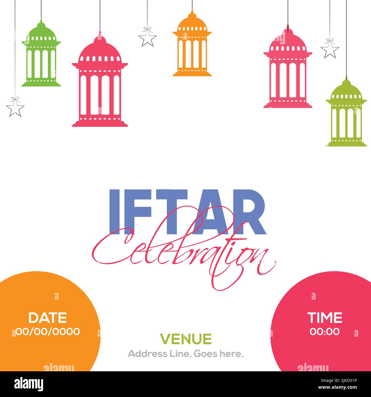 Iftar Celebration Flyer ou Poster Design décoré de lanternes arabes, étoiles accroché sur fond blanc. Illustration de Vecteur