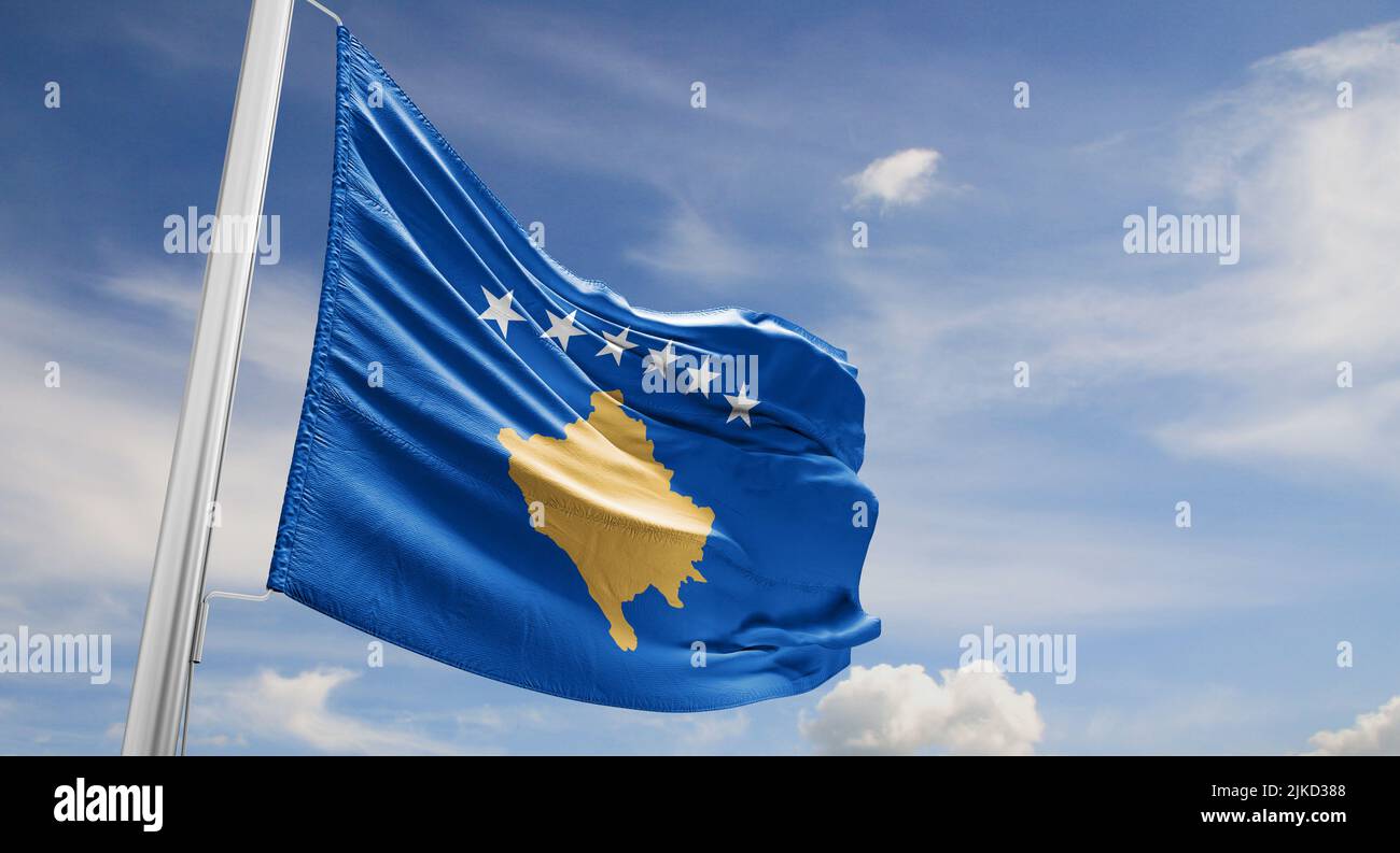 Drapeau du Kosovo officiellement la République du Kosovo est un État partiellement reconnu en Europe du Sud-est. Banque D'Images