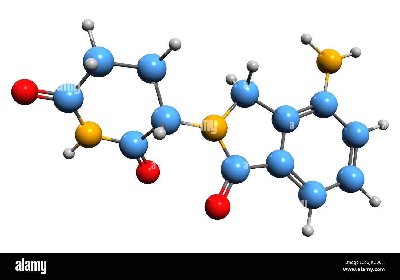 3D image de la formule squelettique de lénalidomide - structure chimique moléculaire du médicament anti-cancer isolé sur fond blanc Banque D'Images