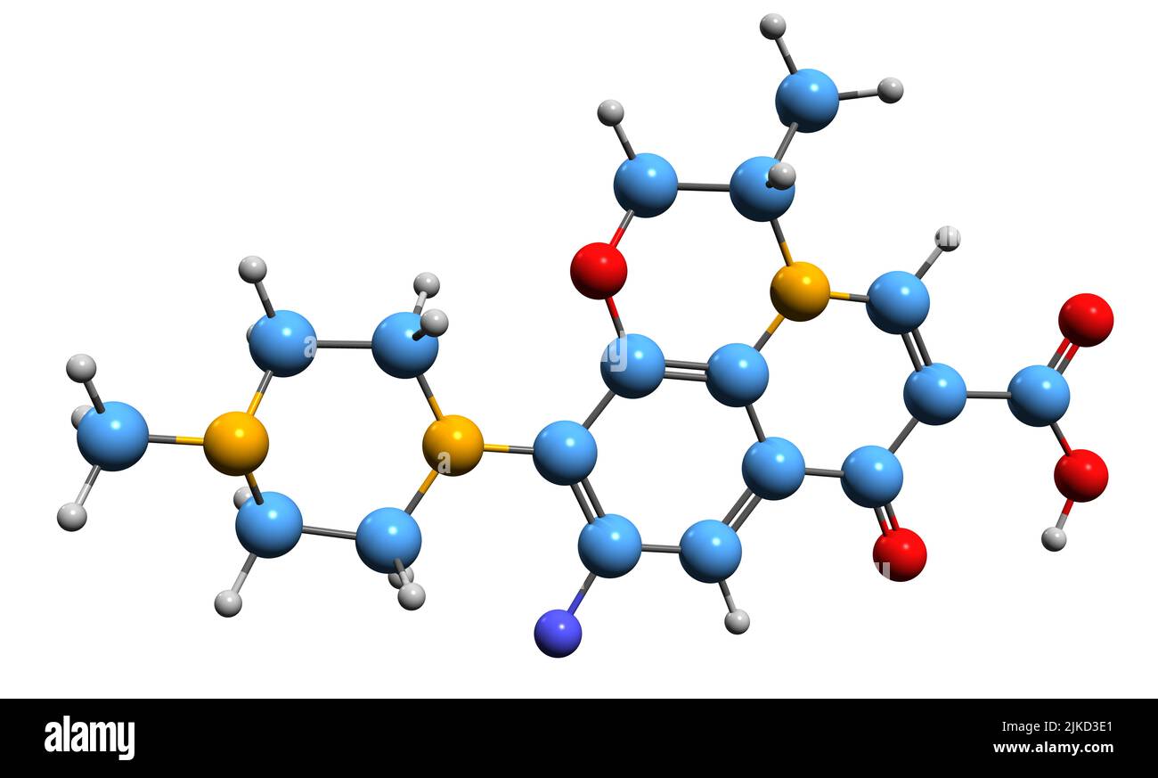 3D image de la formule squelettique de la lévofloxacine - structure chimique moléculaire des antibiotiques isolés sur fond blanc Banque D'Images
