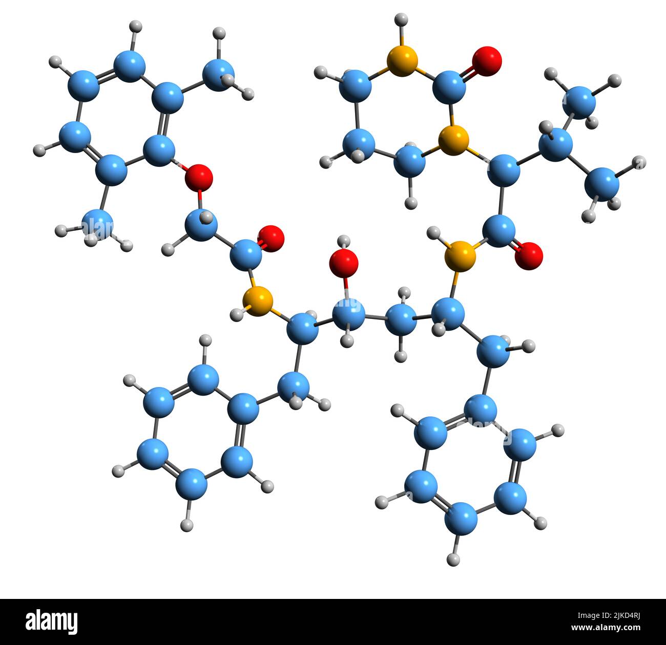 3D image de la formule squelettique de Lopinavir - structure chimique moléculaire de l'inhibiteur de protéase antirétroviral isolé sur fond blanc Banque D'Images