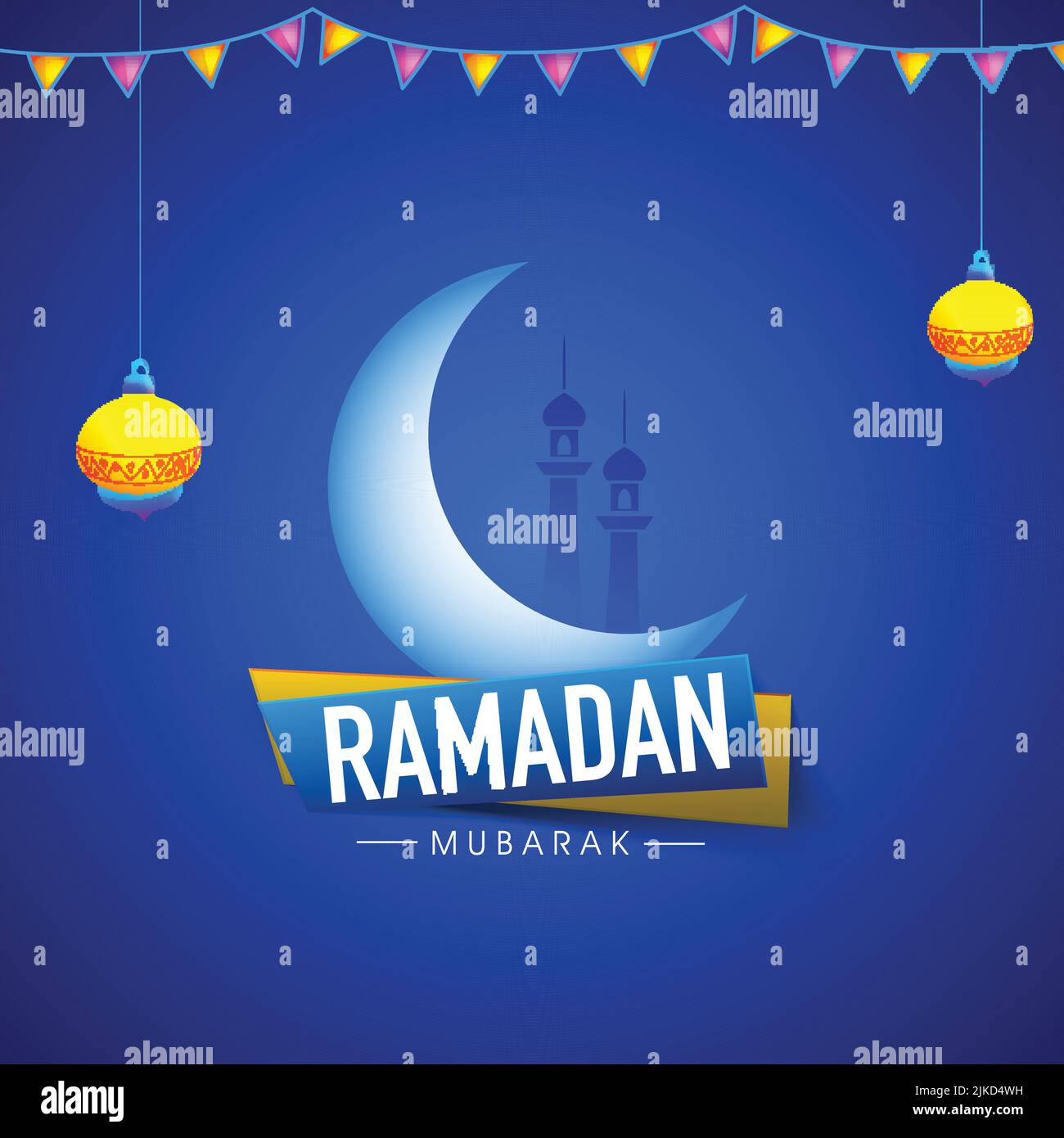 Concept de Ramadan Moubarak avec une lune en croissant brillant, des minarets, des lanternes suspendues et des drapeaux de banderole décorés sur fond bleu. Illustration de Vecteur