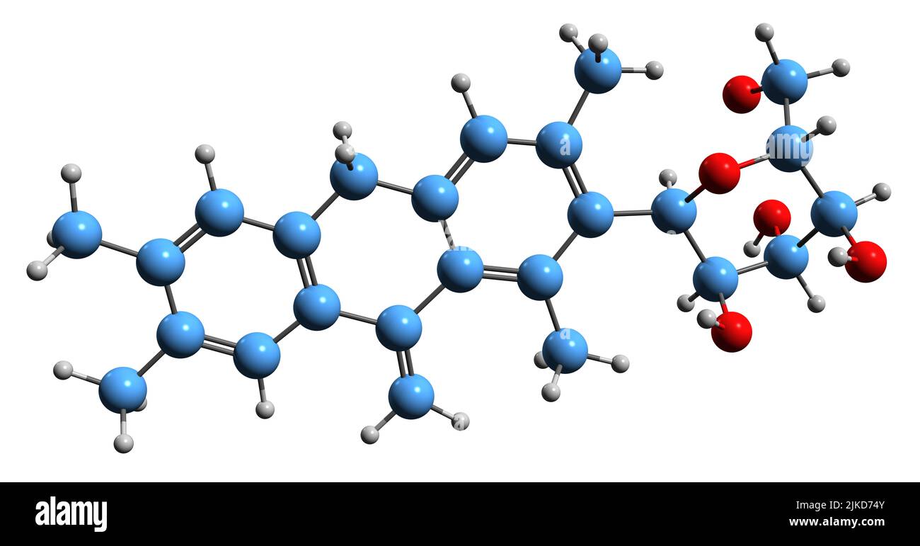 3D image de la formule squelettique Mangiférine - structure chimique moléculaire du glucosylxanthone isolé sur fond blanc Banque D'Images