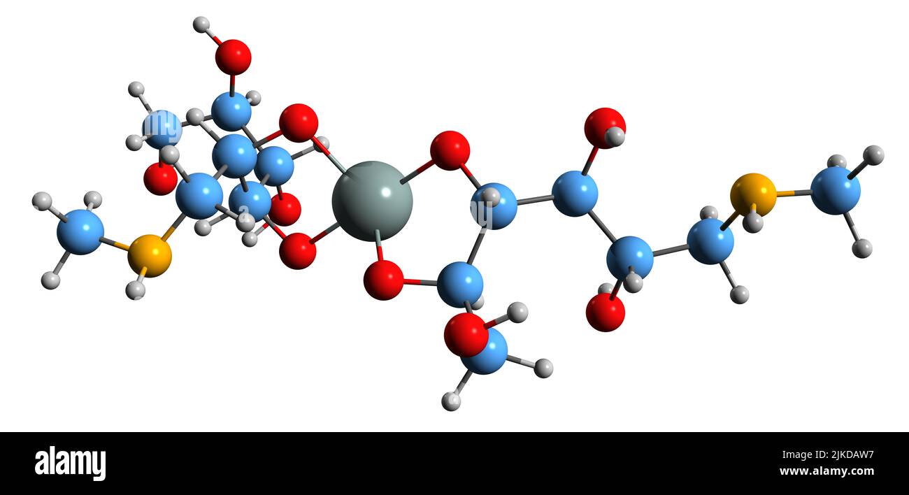 3D image de formule squelettique d'antimoniate de méglumine - structure chimique moléculaire du médicament de leishmaniose isolé sur fond blanc Banque D'Images