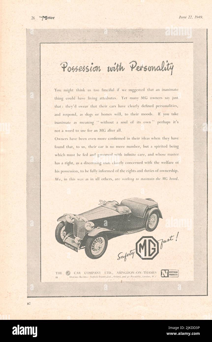 MG cars ancienne publicité vintage d'un magazine automobile britannique Banque D'Images