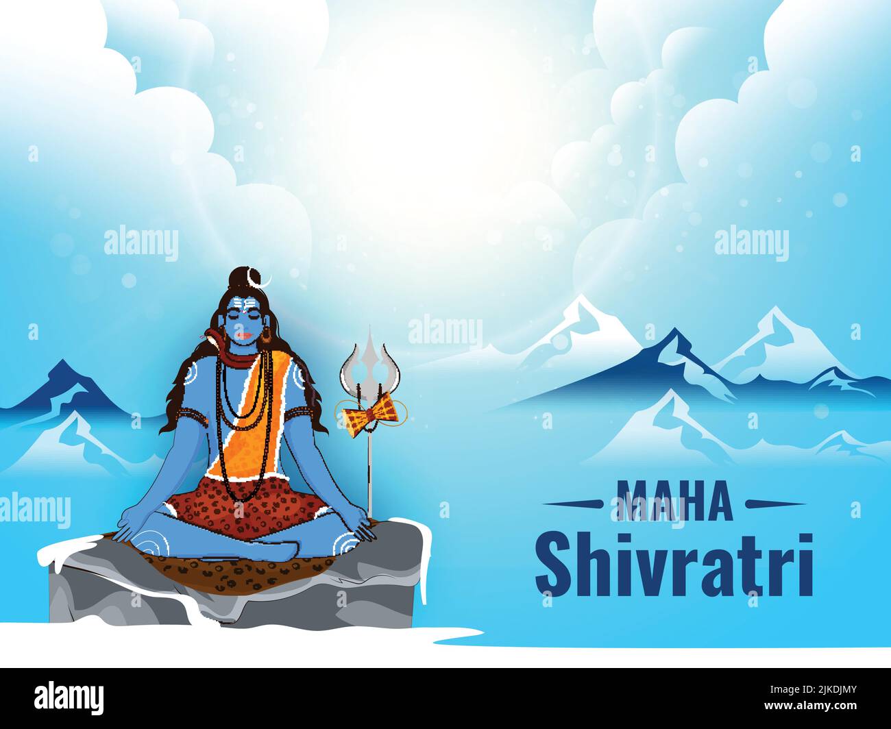 Maha Shivratri concept avec Lord Shiva méditant sur Floating Rock et sur le fond de Blue Mountain brillant. Illustration de Vecteur