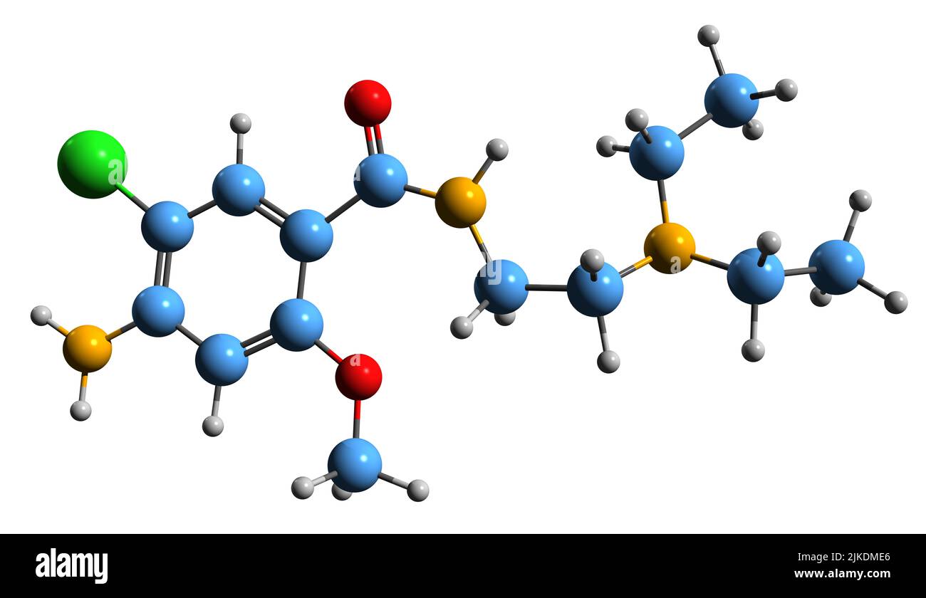 3D image de la formule squelettique du métoclopramide - structure chimique moléculaire des médicaments de l'estomac isolés sur fond blanc Banque D'Images