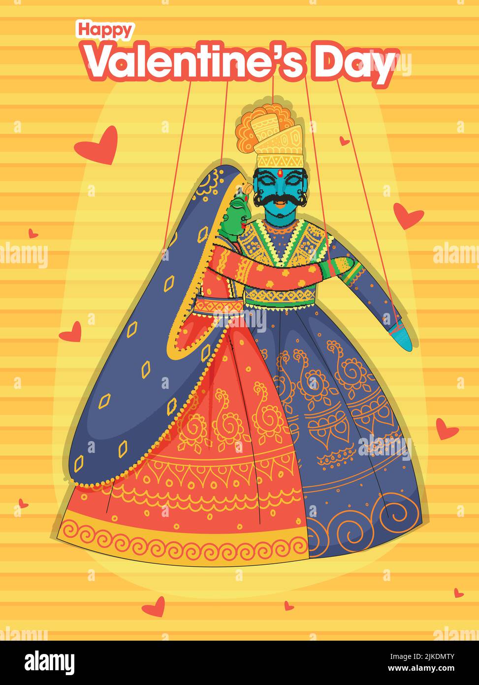 Carte de vœux de bonne Saint-Valentin avec cordon de couple de marionnettes Rajasthani sur fond à rayures jaune et orange. Illustration de Vecteur