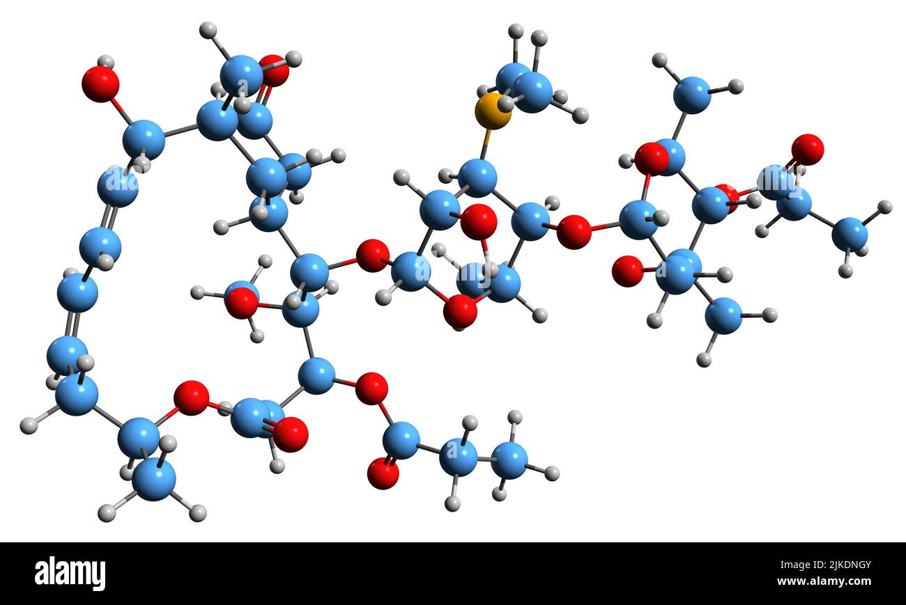 3D image de la formule squelettique de Midecamycine - structure chimique moléculaire de l'antibiotique macrolide isolé sur fond blanc Banque D'Images