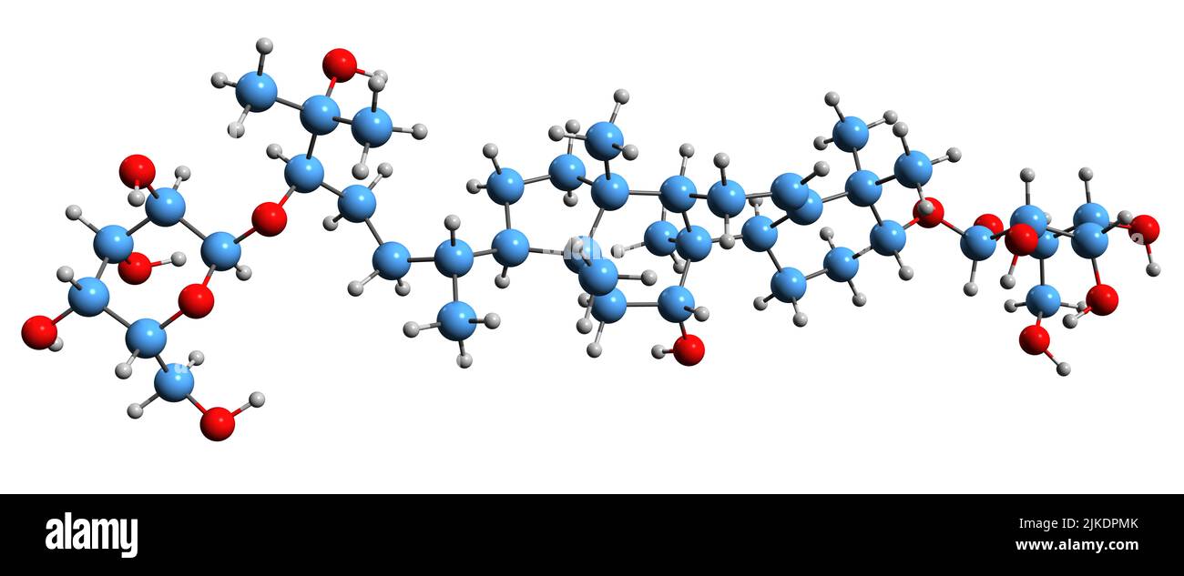 3D image de la formule squelettique de Mogroside - structure chimique moléculaire du glycoside des dérivés du cucurbitane isolés sur fond blanc Banque D'Images