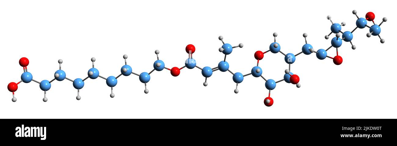 3D image de formule squelettique Mupirocine - structure chimique moléculaire de l'antibiotique topique isolé sur fond blanc Banque D'Images