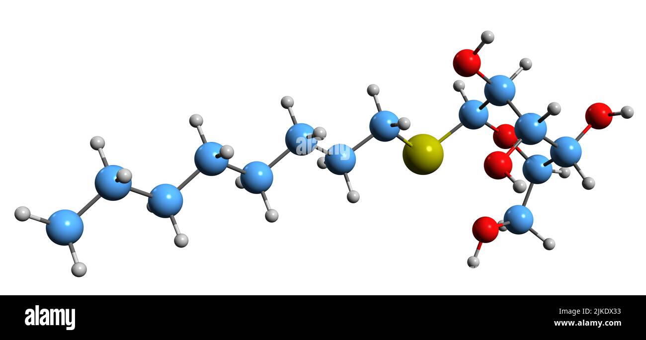 3D image de la formule squelettique n-octyl bêta-D-thioglucopyranoside - structure chimique moléculaire d'un détergent non ionique doux isolé sur du backgroun blanc Banque D'Images