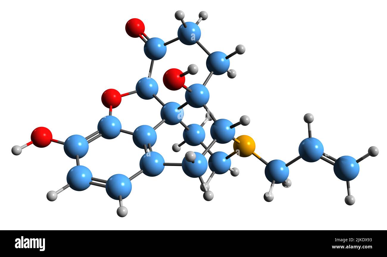 3D image de la formule squelettique de la naloxone - structure chimique moléculaire de l'antagoniste compétitif des récepteurs opioïdes isolé sur fond blanc Banque D'Images