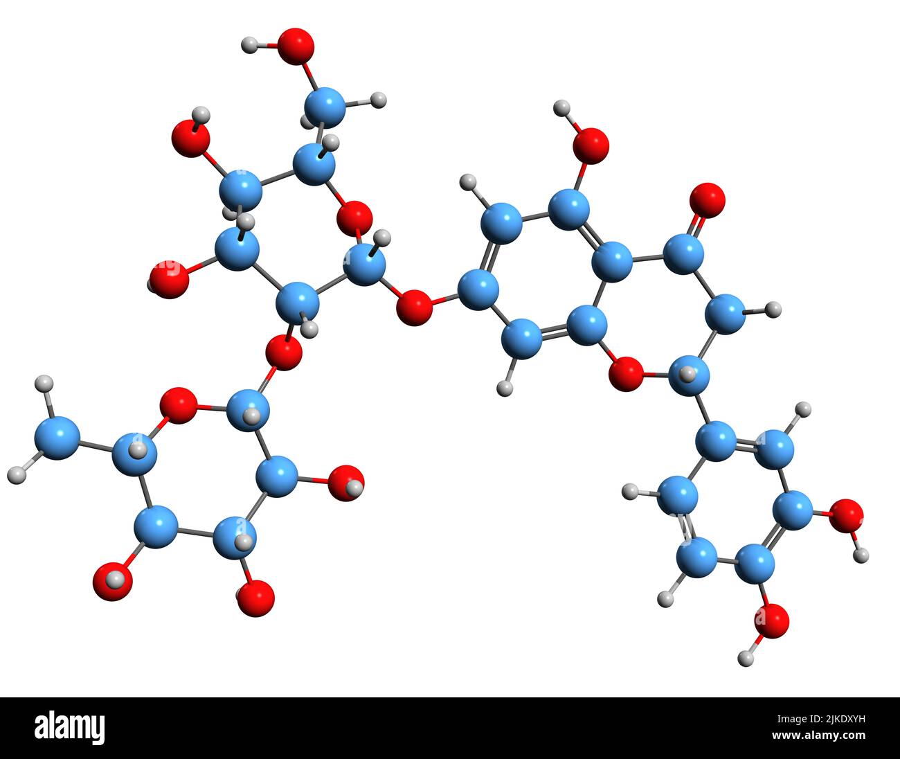 3D image de la formule squelettique de Neoeriocitrin - structure chimique moléculaire de l'Eriodictyol-7-O-neohespéridoside isolée sur fond blanc Banque D'Images