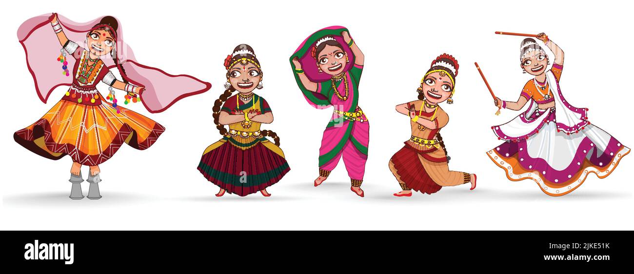 Cinq danseuses classiques féminines de différents États de l'Inde se produisaient sur fond blanc. Illustration de Vecteur