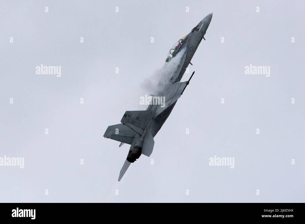 Les pilotes de chasse de la Marine américaine du Strike Fighter Squadron (VFA) 122 équipe de démonstration de rhinocéros de la côte ouest de la base aérienne navale Lemoore, en Californie, mettent en valeur la puissance et les capacités du Super Hornet F/A-18 E/F lors de la journée portes ouvertes du tonnerre arctique à la base interarmées Elmendorf-Richardson, Alaska 31 juillet 2022. Le Super Hornet est la deuxième mise à niveau majeure du modèle depuis le lancement du programme F/A-18. (É.-U. Photo de la Force aérienne par Alejandro Peña) Banque D'Images