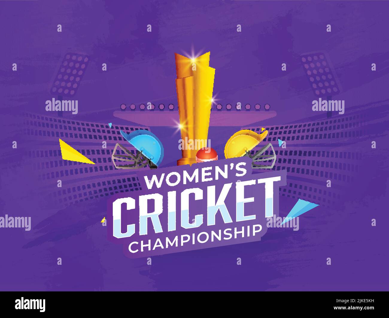 Sticker style femmes de championnat de cricket police avec 3D Shiny Trophy Cup, pays participants casques sur Purple Stadium View. Illustration de Vecteur