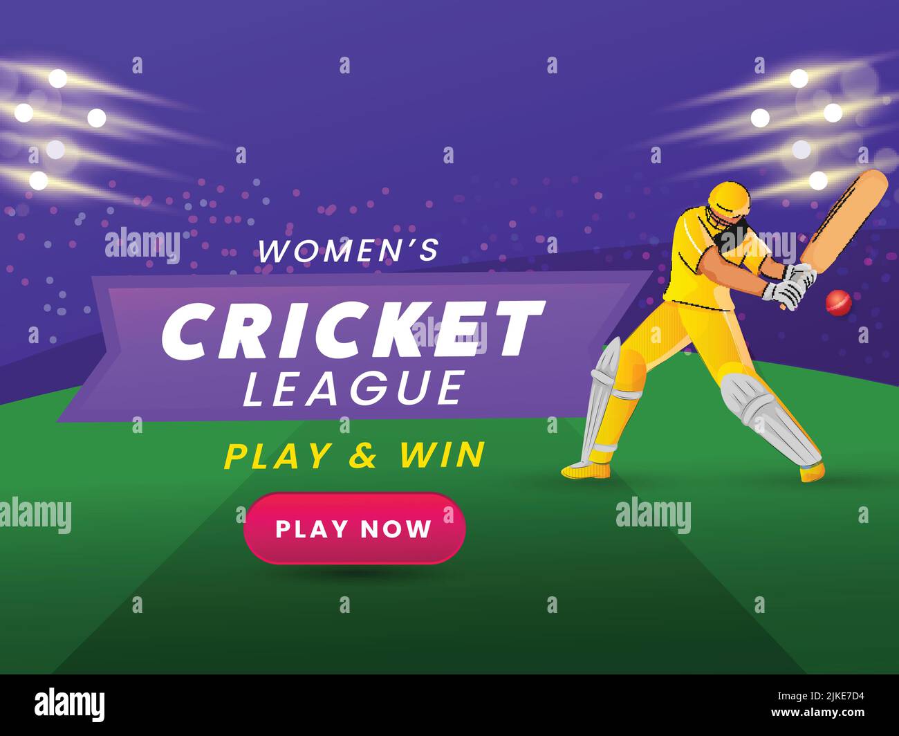 Match de cricket pour femmes Jouez maintenant avec le joueur de batter pour jouer à la pose sur fond vert et effet de lumière violette. Illustration de Vecteur