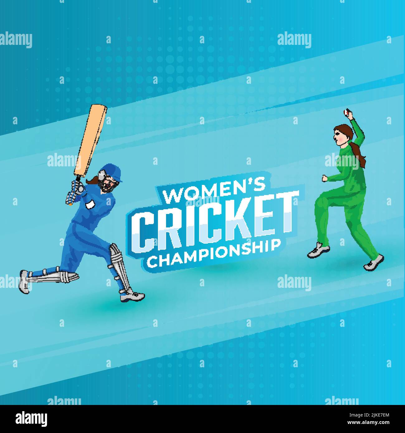 Sticker style femmes Cricket Championship font avec des joueurs de Bowler et batter féminins dans le jeu de pose sur fond bleu Halftone effet. Illustration de Vecteur