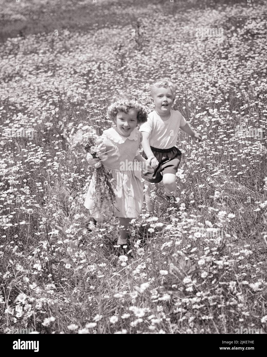 1940S 1950S FILLE ET GARÇON COURANT À TRAVERS UN DOMAINE DE PÂQUERETTES - J1591 HAR001 HARS HEUREUX FAMILLES JOIE DE VIE SATISFACTION CÉLÉBRATION FEMMES FRÈRES RURAUX SAINTETÉ MAISON VIE NATURE COPIE ESPACE AMITIÉ PERSONNES S'OCCUPANT HOMMES FRÈRES SŒURS B&W MARGUERITE DAISIES ESTIVALES LIBERTÉ BONHEUR GAI GRAND ANGLE AVENTURE DÉCOUVERTE LOISIR ET RÉCRÉATION TENIR LES MAINS FRÈRE SOURIRES CONNEXION JOYEUSE ATTACHEMENT PERSONNEL AFFECTION COOPÉRATION EMOTION CROISSANCE JUVÉNILES SAISON TOGETHERNESS NOIR ET BLANC RACE BLANCHE HAR001 OLD FASHIED Banque D'Images