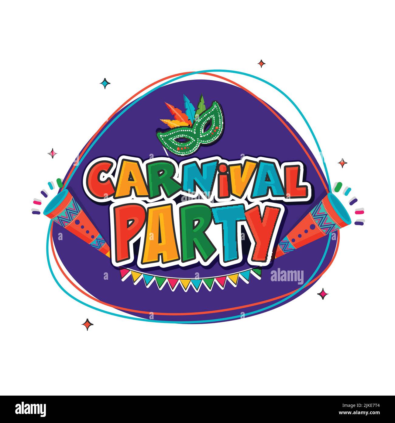 Sticker style coloré Carnival Party texte avec Feather Mask Stick, Vuvuzela ou trompette, drapeaux de Bunting sur fond violet et blanc. Illustration de Vecteur