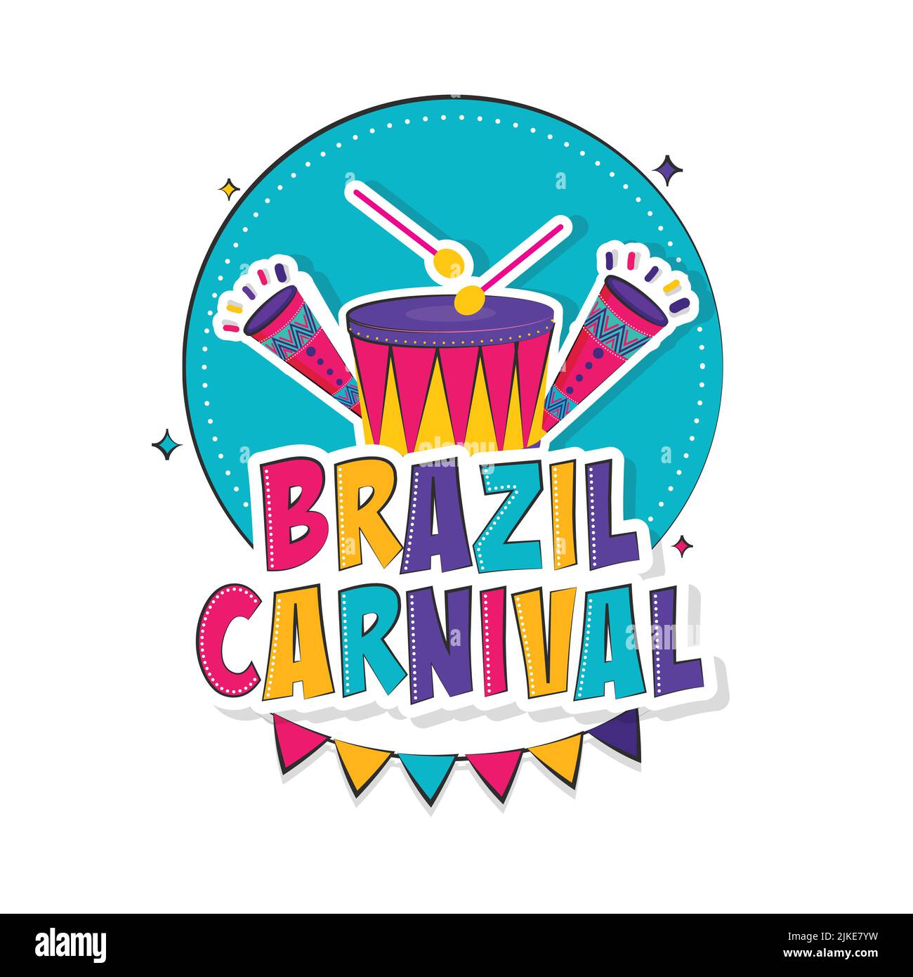 Sticker style coloré Brésil Carnaval font avec tambour, Vuvuzela, drapeaux de Bunting sur fond bleu et blanc. Illustration de Vecteur