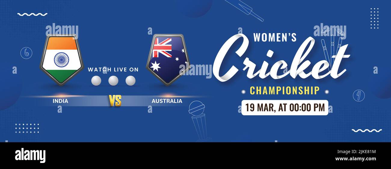 Match de cricket féminin entre l'Inde et l'Australie avec drapeau Shields sur fond bleu pour le concept de championnat. Bannière publicitaire ou conception d'en-tête. Illustration de Vecteur