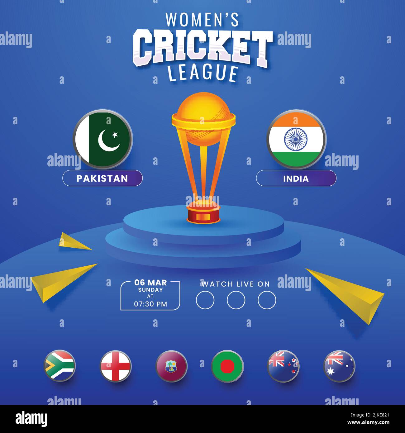 Programme de match de cricket pour femmes entre le Pakistan et l'Inde avec le drapeau d'autres pays participants et la coupe du trophée gagnante 3D sur fond bleu. Illustration de Vecteur