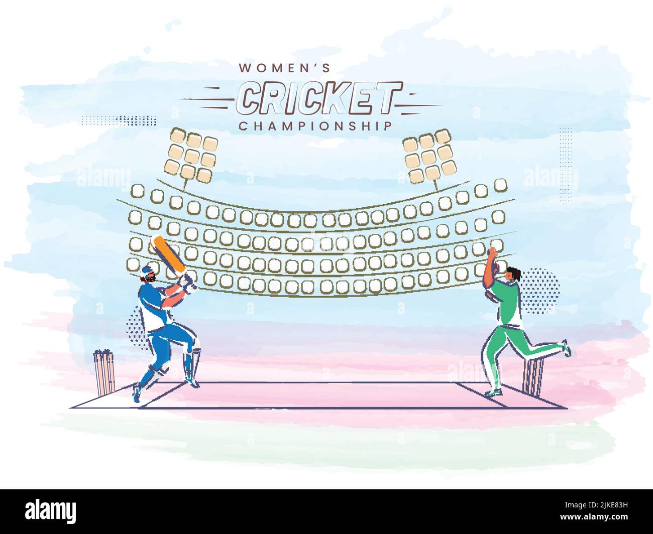 Style Doodle Illustration de la femelle Bowler jeter le ballon au joueur de batter sur Watercolor Effect Stadium fond pour le championnat de cricket des femmes. Illustration de Vecteur