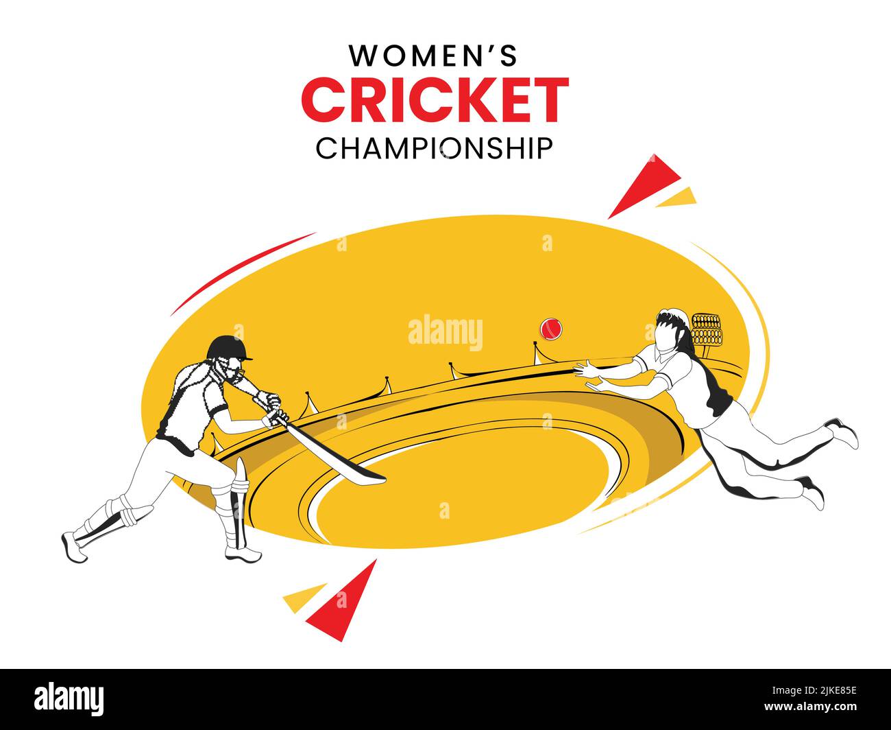 Concept de championnat de cricket pour femmes avec batte femelle style Doodle jouant à frapper le ballon, le joueur de terrain en posture de capture sur le terrain de jeu Orange et blanc. Illustration de Vecteur