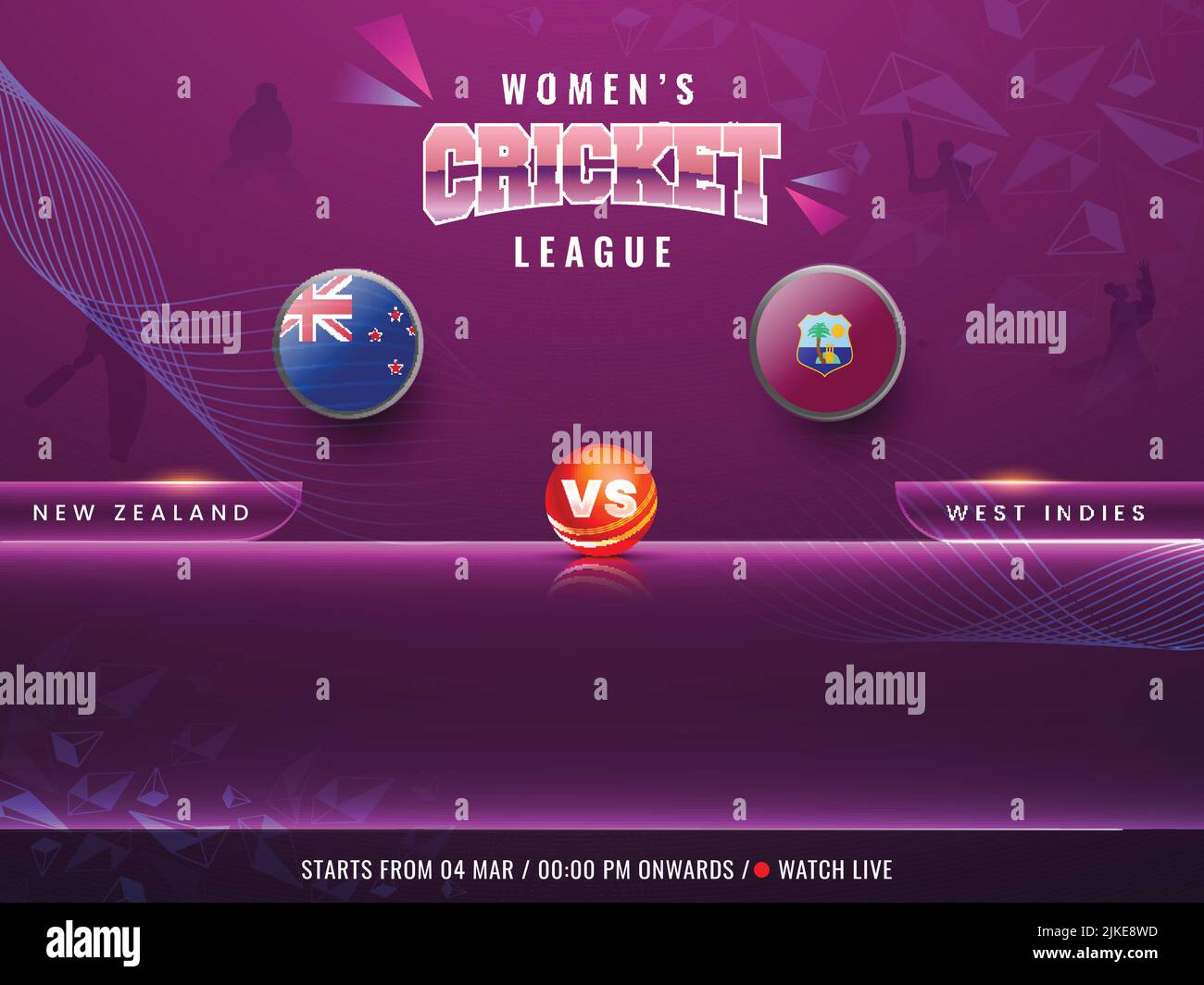 Match de cricket féminin Voir Live Show of participant Team New Zealand VS West Indies et drapeau sur le fond violet abstrait. Illustration de Vecteur