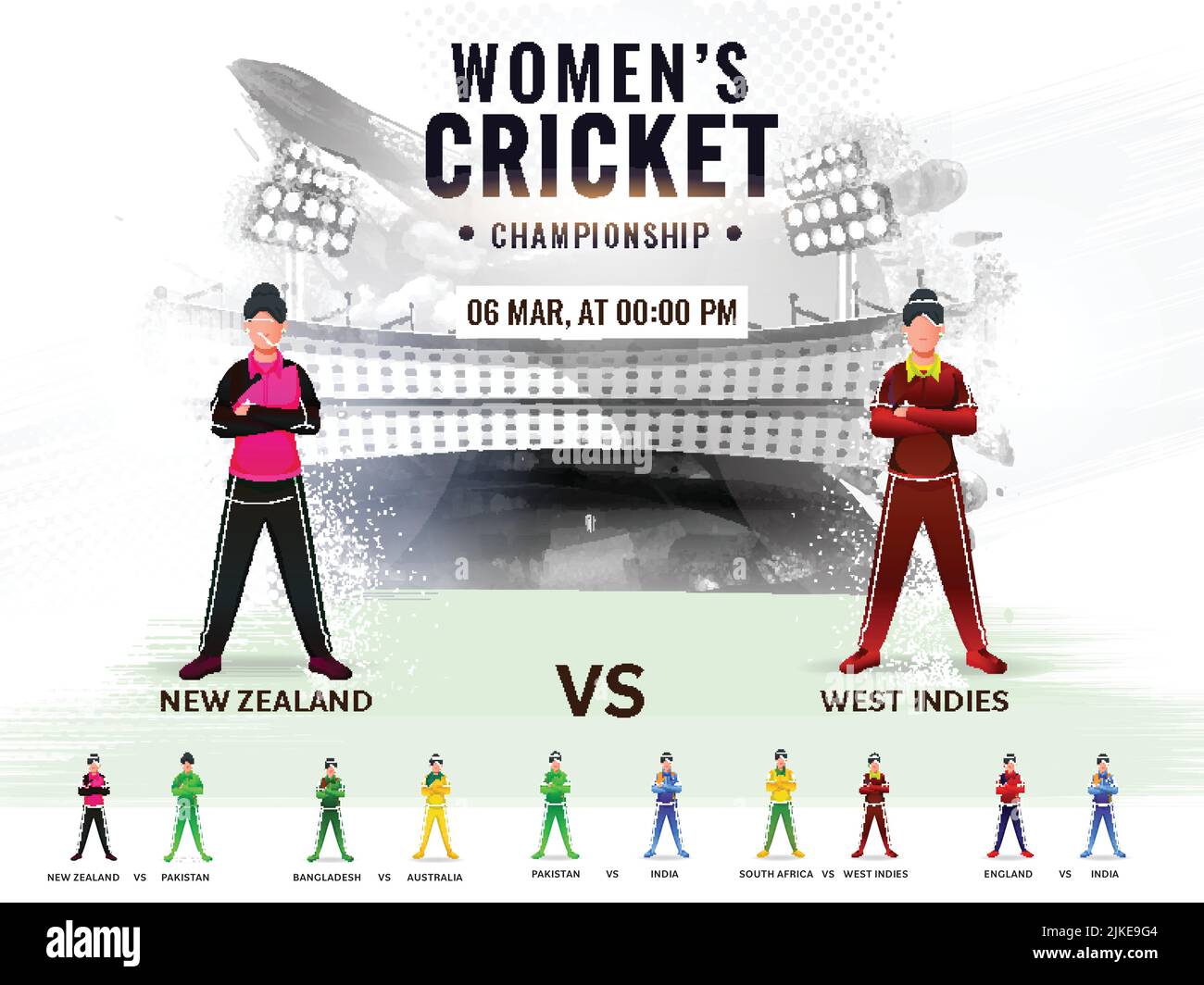 Horaire des matchs de cricket des femmes entre la Nouvelle-Zélande et les Antilles avec d'autres joueurs des pays participants sur le parcours du stade Abstract Grunge. Illustration de Vecteur