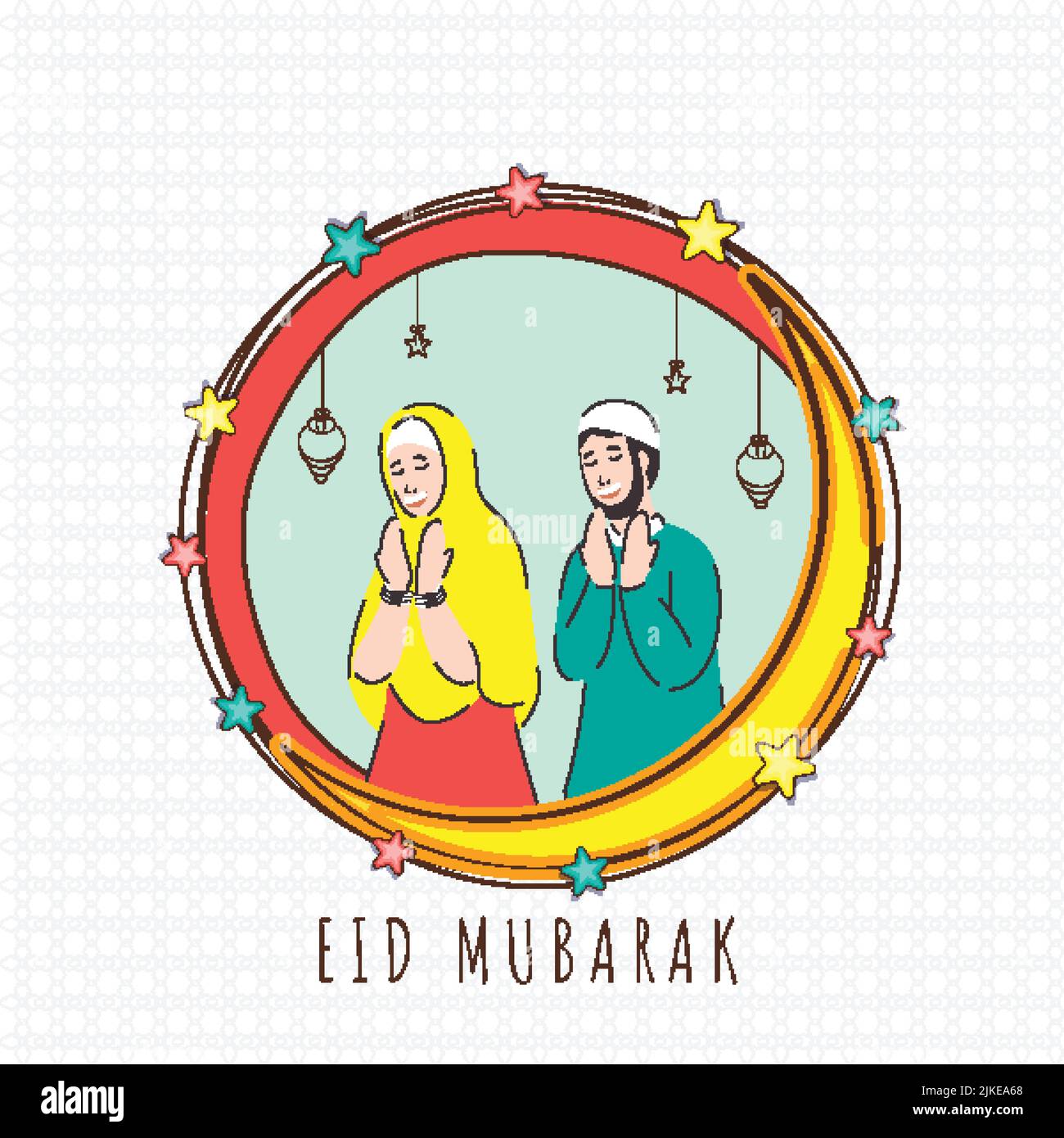 EID Mubarak Celebration concept avec le jeune couple islamique offrant Namaz (prière), Crescent Moon, étoiles décorées sur fond blanc Sacred Flower Pattern Illustration de Vecteur