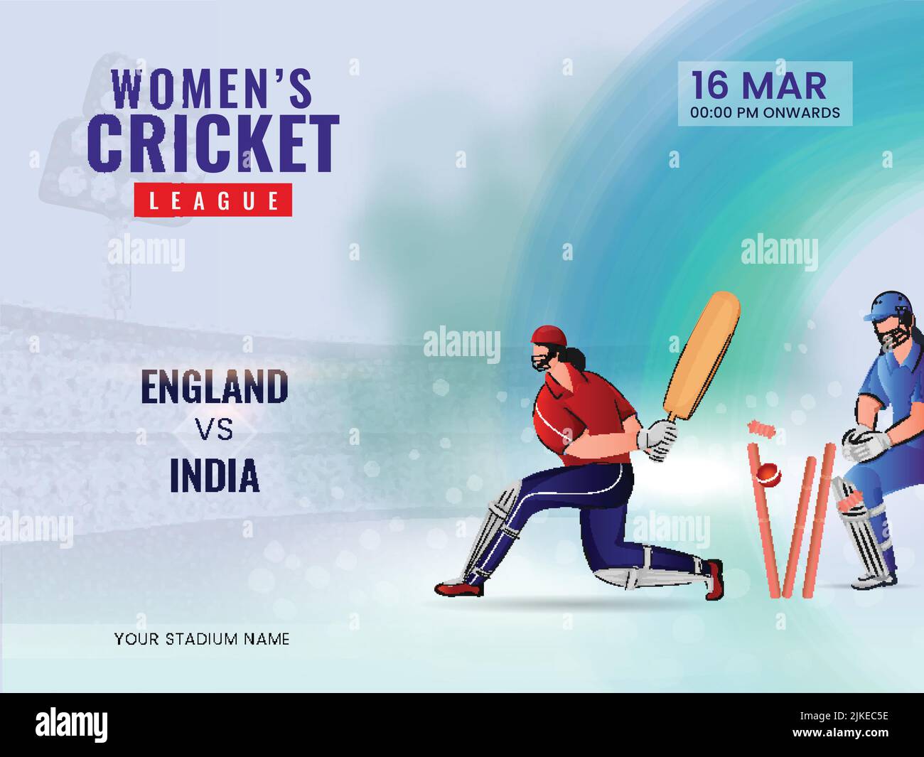 Match de cricket féminin entre l'Angleterre et l'Inde et les joueurs de cricket dans action pose. Illustration de Vecteur