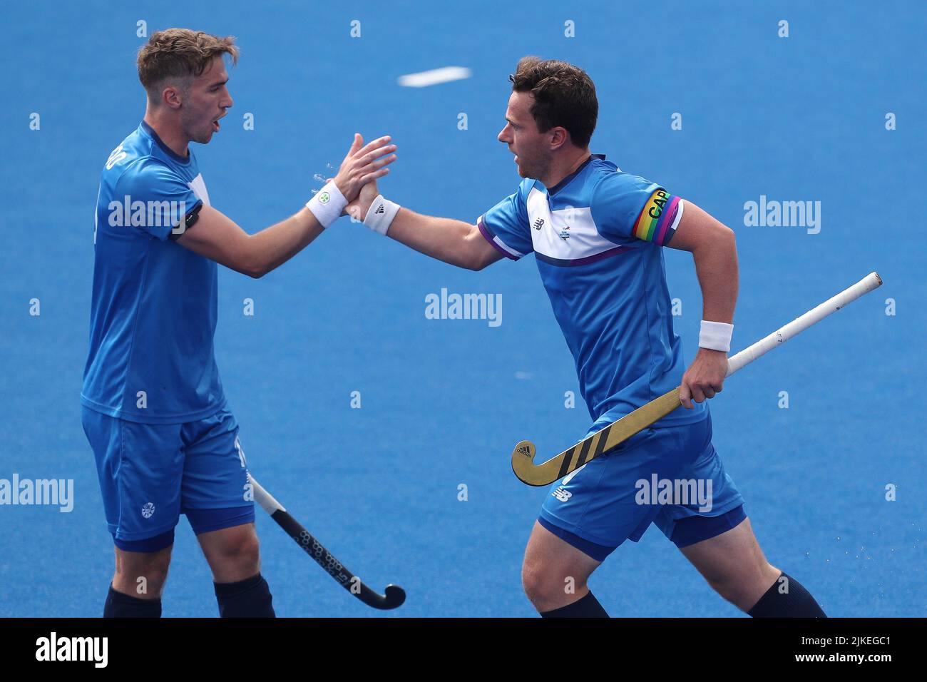 Alan FORSYTH, d'Écosse, célèbre après avoir obtenu son score lors de la « Men's Hockey Pool », Un match entre l'Écosse et l'Afrique du Sud le quatrième jour des Jeux du Commonwealth à l'Université de Birmingham, Selly Oak, Birmingham, Angleterre, le vendredi 29th juillet 2022. (Credit: Mark Fletcher | MI News) Credit: MI News & Sport /Alay Live News Banque D'Images