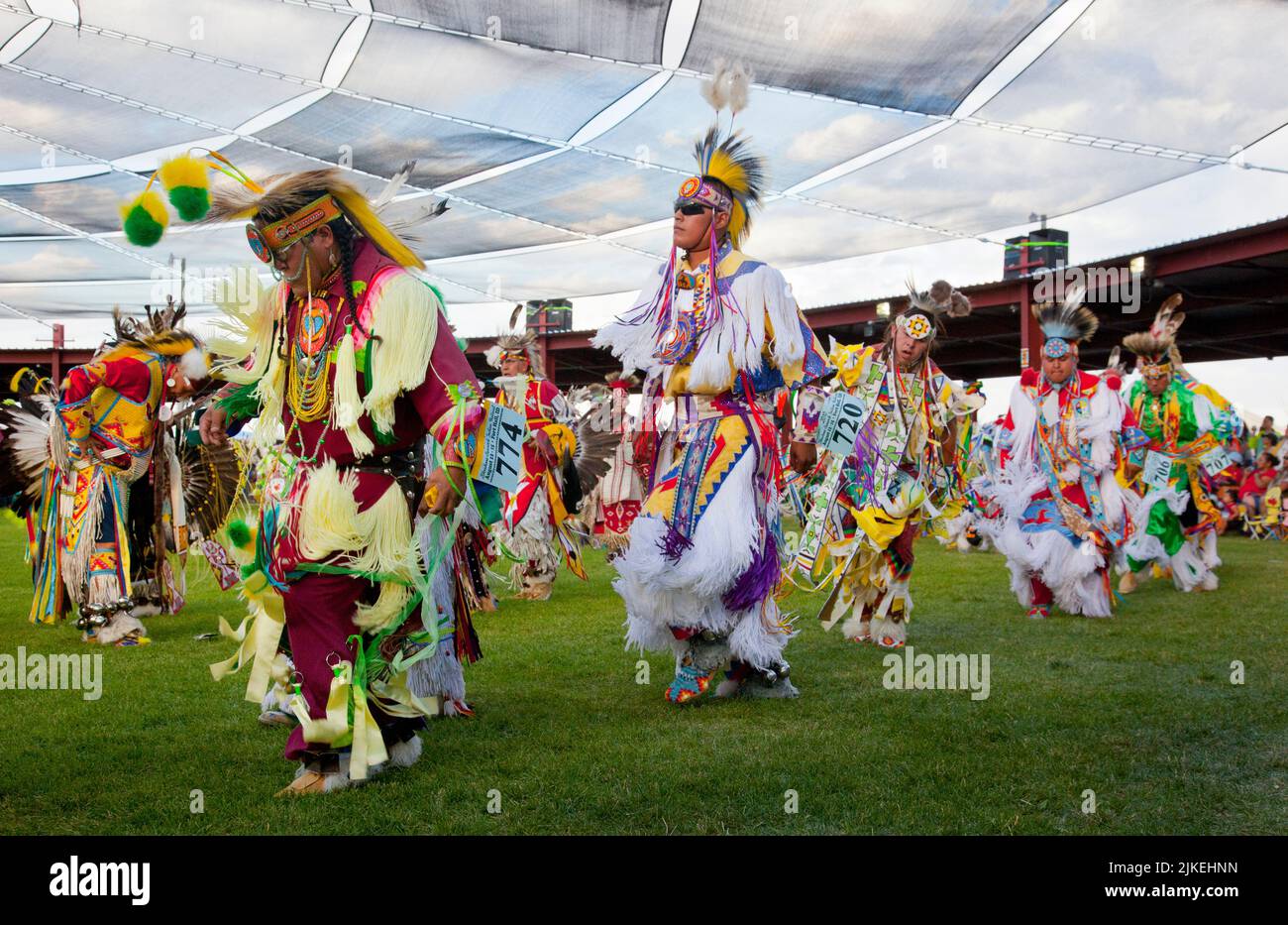 Groupe d'hommes adultes vêtus de costumes traditionnels de danseuse d'herbe au Shoshone Bannock Pow Wow, fort Hall Idaho Banque D'Images