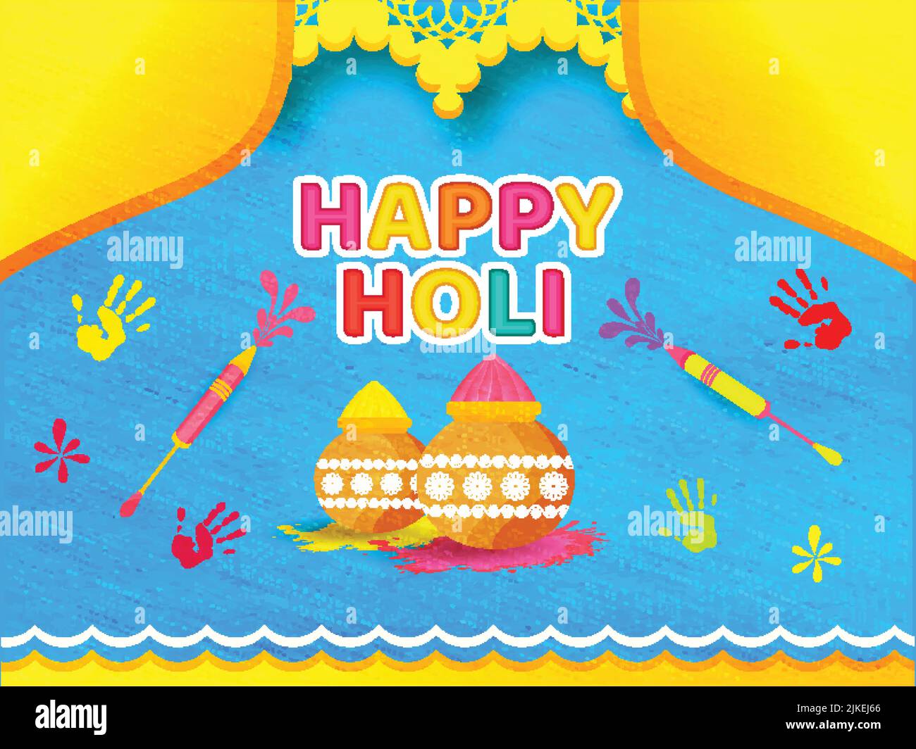 Autocollant style coloré Happy Holi police avec la couleur sèche (Gulal) dans les marmites de boue, les pistolets à eau (Pichkari), les empreintes sur fond bleu et jaune. Illustration de Vecteur