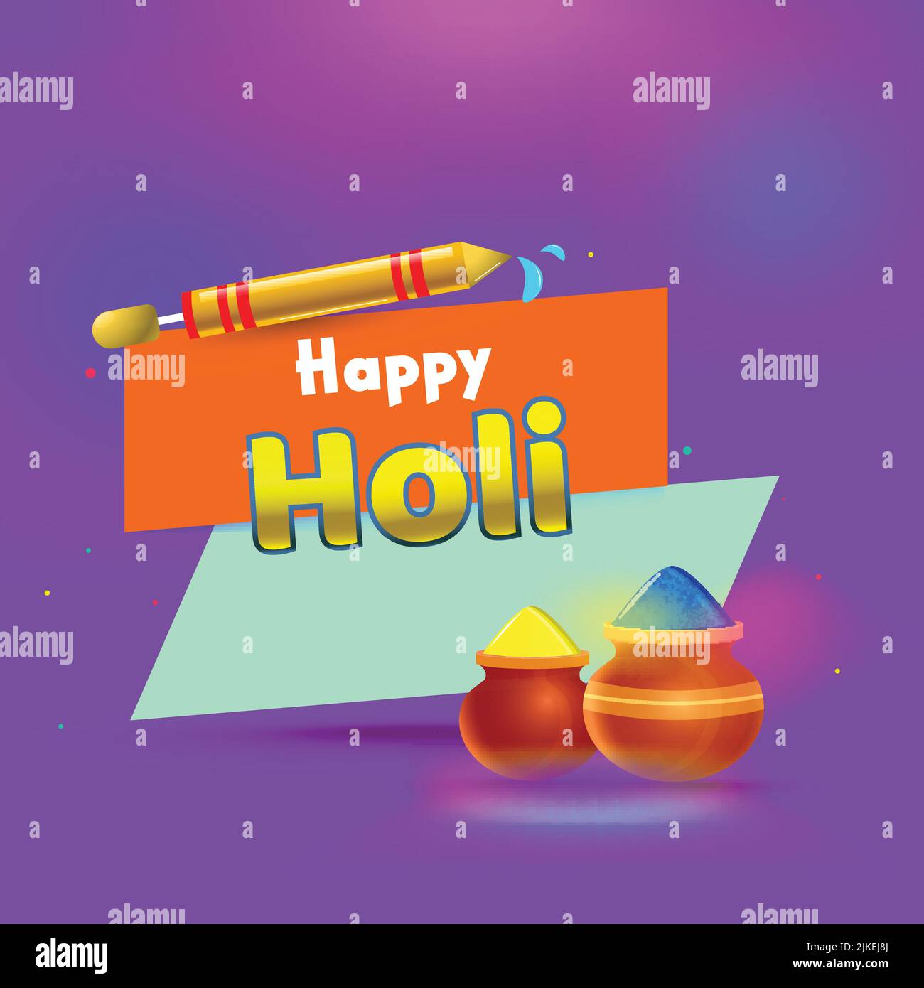 Happy Holi font avec un pistolet à eau réaliste (Pichkari) et des pots de boue brillants pleins de couleur poudre (goulal) sur fond violet dégradé. Illustration de Vecteur