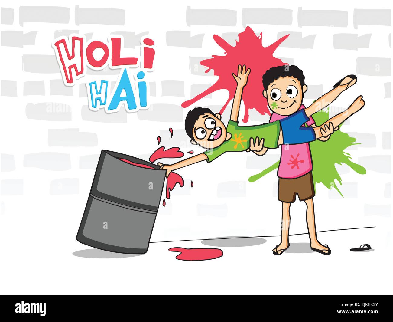 Funny Boy ramassant son ami pour le mettre dans le corps plein de couleur liquide sur le fond de mur de brique blanc et de style d'autocollant Holi Hai (It's Holi) texte. Illustration de Vecteur