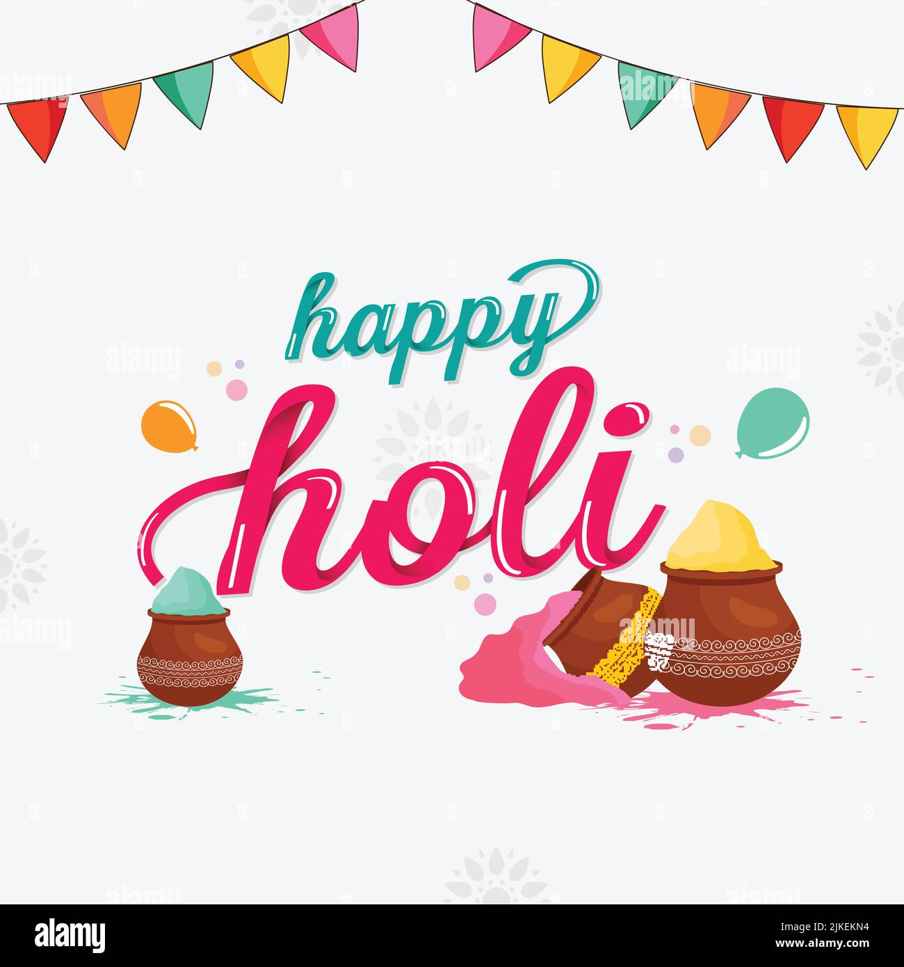 Happy Holi font avec des pots de boue pleins de poudre (Gulal), des ballons de couleur et des drapeaux de banderole décorés sur fond blanc. Illustration de Vecteur