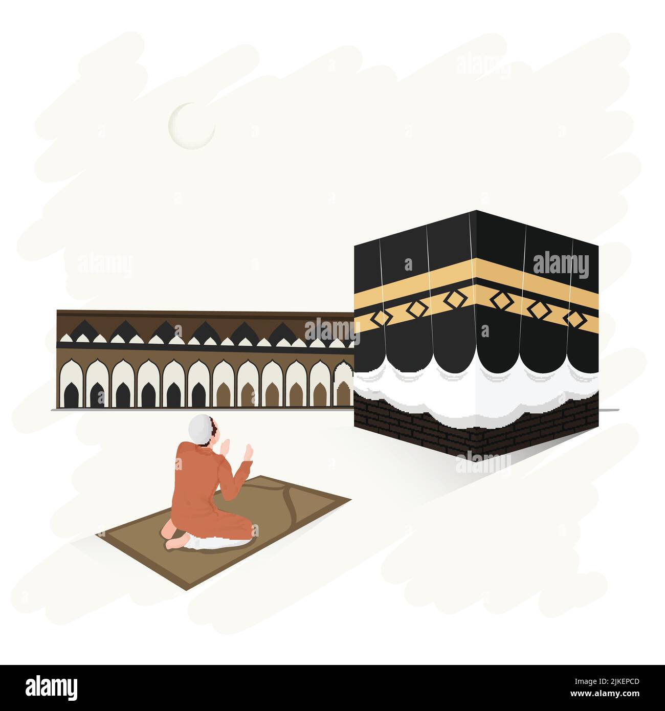 Concept du Festival islamique avec l'homme musulman offrant Namaz (prière) au Mat en face de Kaaba sur fond blanc et espace de copie. Illustration de Vecteur