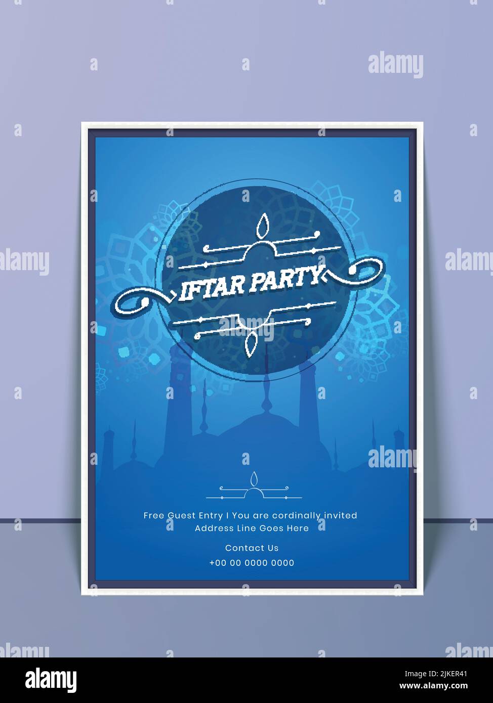 Carte d'invitation à la fête de l'iftar avec mosquée Silhouette de couleur bleue. Illustration de Vecteur