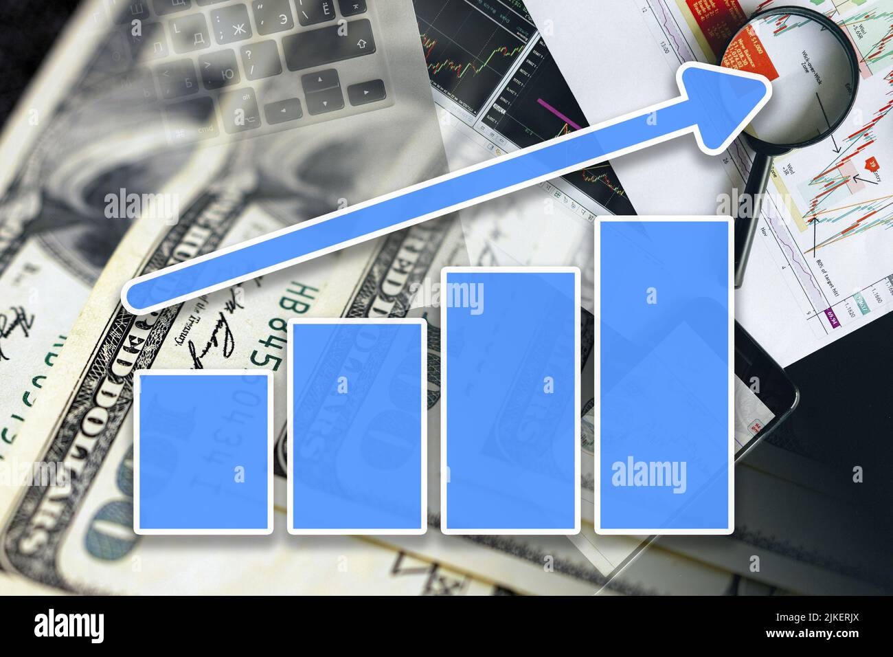 Graphique de l'économie : flèche ascendante, dollars monétaires et indicateurs boursiers (inflation, succès, finance) Banque D'Images